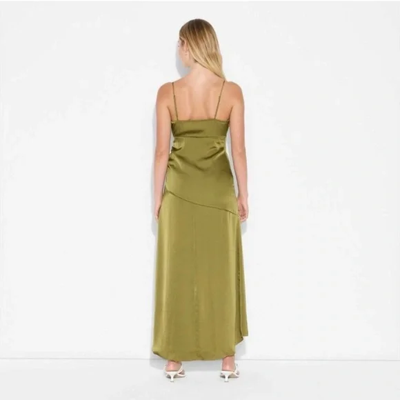 NWT New Fable Women's Satin Asymmetrical A-Line Maxi Dress- Olive Green M - Picture 3 of 7